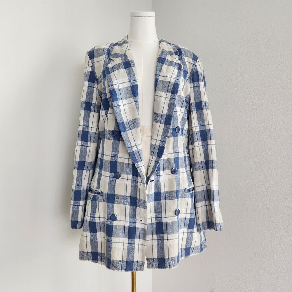 Vintage 90s Blue Tan Plaid Linen Blend Double Breasted Blazer Long Suit Coat M L
